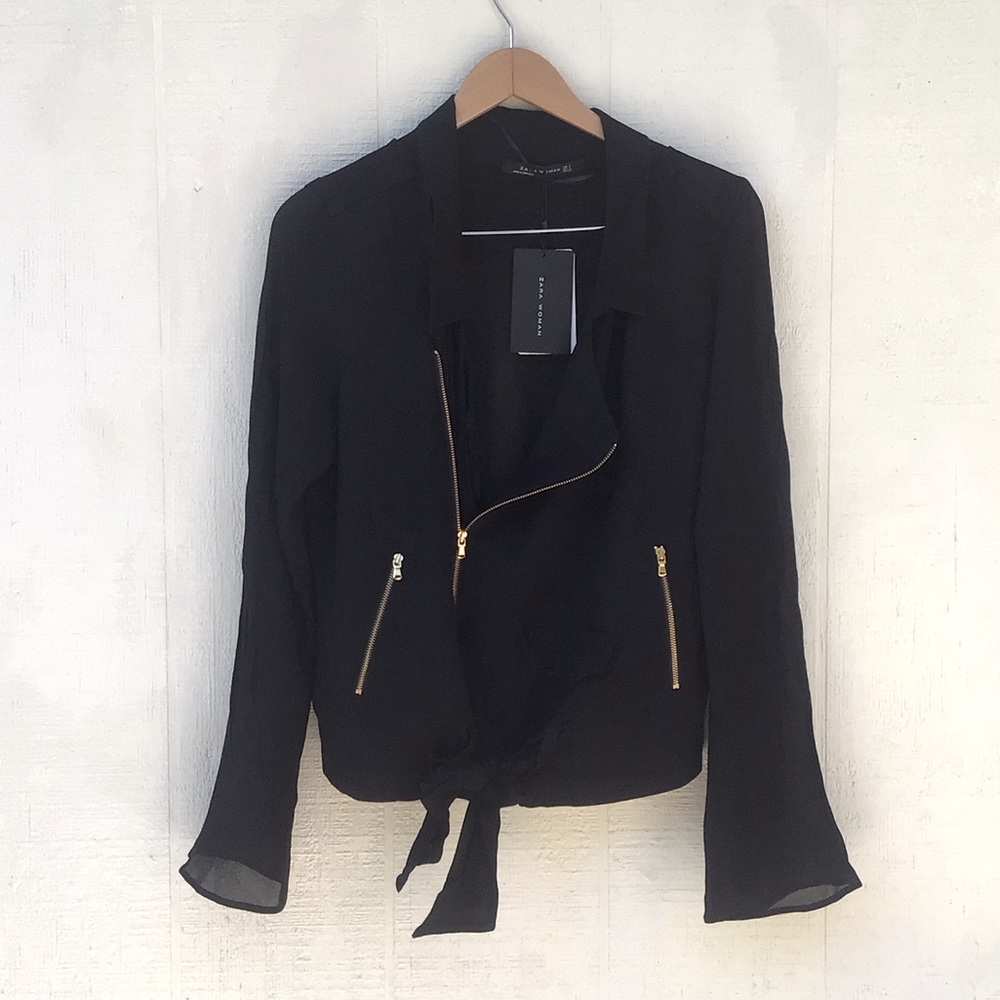 Zara black semi sheer moto light jacket bell sleeves